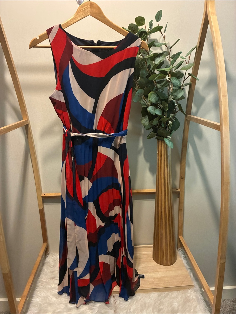 Sleeveless Abstract-Print Maxi Dress in Red, Blue & Black